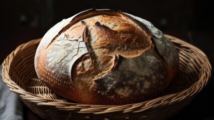 Artisan Sourdough Bread Baked in a Wicker Basket.