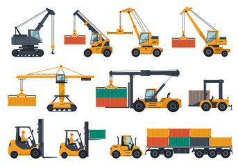 Illustrated set of shipping yard vehicles including cranes forklifts and semitruck