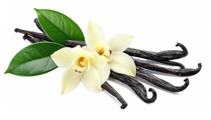 Vanilla Flowers and Pods: A visual symphony of vanilla flowers, rich in delicate beauty. They rest gently among fresh green leaves and dark, aromatic pods.