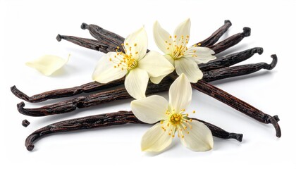 Vanilla Bliss: Captivating, top-down image of aromatic vanilla beans adorned by delicate vanilla flowers, representing the essence of gourmet ingredients and culinary delights. 