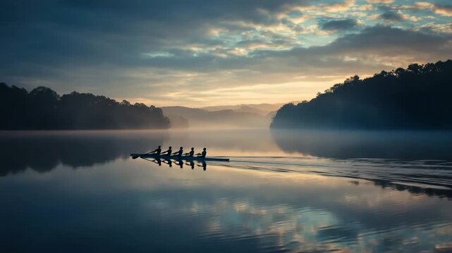 A team of rowers gliding across a calm lake at sunrise, creating a serene scene.