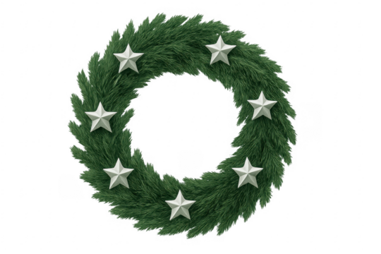 Christmas wreath with silver stars on transparent background