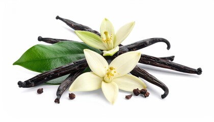 Vanilla's Essence: Captivating top-down view of exotic vanilla beans and vibrant flowers, showcasing the sweet spice's allure.