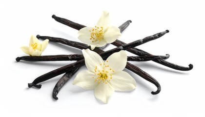 Vanilla Bean and Flowers: A captivating overhead shot showcasing the contrasting textures and colors of fragrant vanilla beans and delicate blossoms.