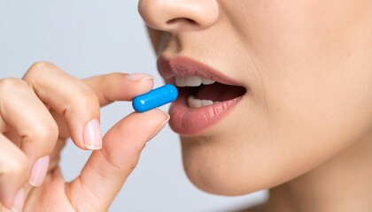 Obraz premium Close-up of a person taking a blue pill