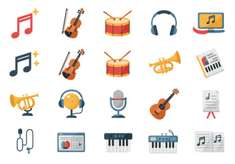 Musical instrument icons violins drums trumpets keyboards headphones guitar microphone notes a monitor and music sheets