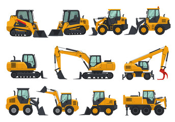 Rows of various yellow construction vehicles including excavators and loaders stand on a white background