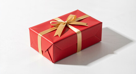 Fototapeta premium Single rectangular gift box wrapped in red paper with a golden ribbon, isolated on a clean white surface