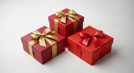 Obraz premium Three elegant red gift boxes with golden and red satin ribbons on a clean white background for holidays