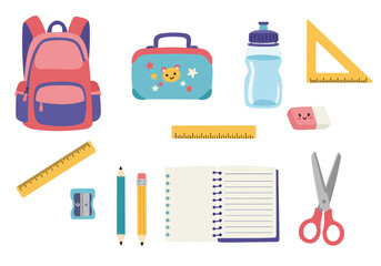 School supplies include a backpack lunchbox ruler and other items