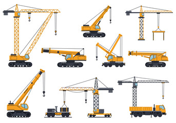Varied collection of yellow construction cranes on a white backdrop