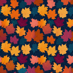 autumn maple leaf pattern in vibrant shades of orange, yellow, and red on a dark background, perfect for seasonal designs, fabrics, or festive decoration.