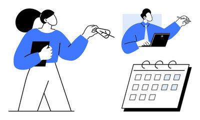 Two professionals interact, one holding glasses, another working on a laptop, with a calendar nearby. Ideal for teamwork, organization, time management, productivity, business strategy project