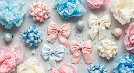 Fototapeta premium Pastel Celebration: A Festive Flat Lay of Gift Bows, Tissue Paper, and Ornaments.