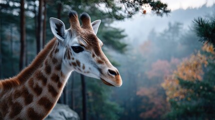 Obraz premium Profile Portrait of a Giraffe in Lush Forest with Dense Greenery and Hints of Orange Foliage Under a Softly Diffused Light