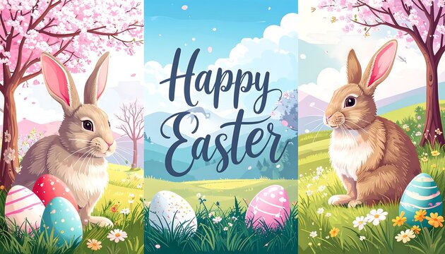 Two Easter bunnies in a spring meadow with colorful eggs