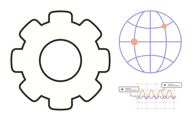 Large gear, globe with pinpoint markers, and analytic data chart. Ideal for innovation, global operations, process management, technology advancement, data analysis, engineering concept simple flat