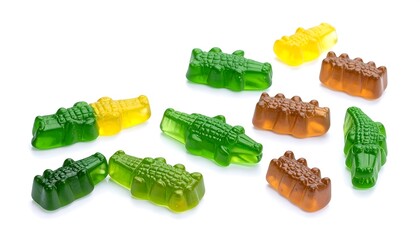 Colorful crocodile gummies arranged on white background