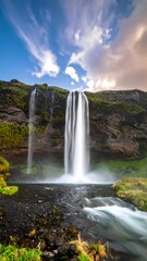 Dramatic waterfall cascading down rocky cliffs under a vibrant sky
