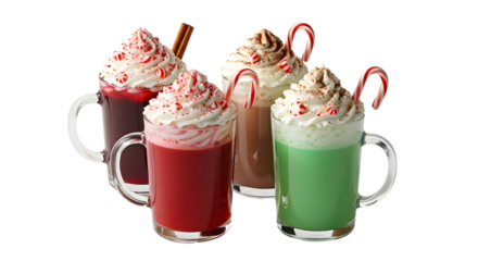 Assortment of colorful holiday hot chocolate drinks isolated on transparent background