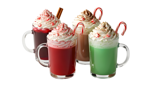 Assortment of colorful holiday hot chocolate drinks isolated on transparent background