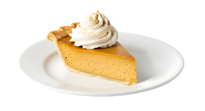 Slice of pumpkin pie with whipped cream on a white plate isolated on transparent background