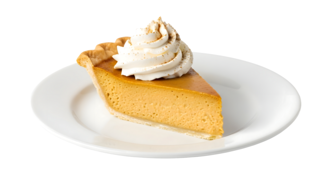 Slice of pumpkin pie with whipped cream on a white plate isolated on transparent background - Powered by Adobe