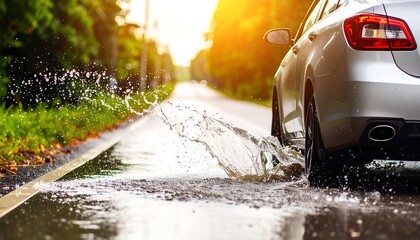 Silver Car Splashing Through Puddle on Sunny Road