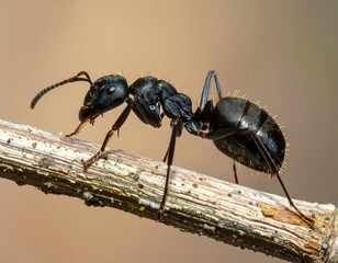Macro shot of a black ant on a twig