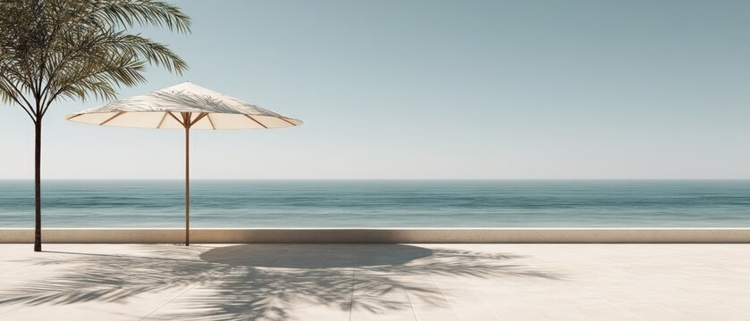 Minimalist white beach umbrella with palm tree lattice shadows on warm sunny seaside day, perfect for vacation branding and sustainable summer lifestyle commercial projects
