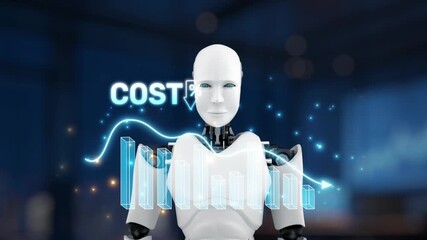 A sleek robot analyzes cost trends through digital graphs in a modern workspace, symbolizing the intersection of technology and financial analysis for businesses. Synapse