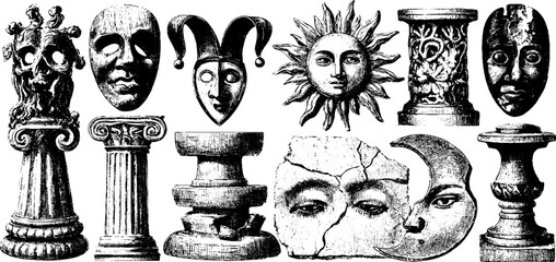 Ancient ritual totem icons collection for artistic design and decoration