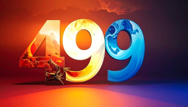 A vibrant, stylized numeral composition showing "499," each digit filled with contrasting textures fiery lava, radiant sun, and icy water. The background blends warm and cool tones - Powered by Adobe