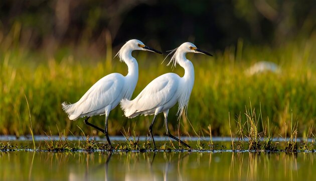 Two egrets walking in shallows