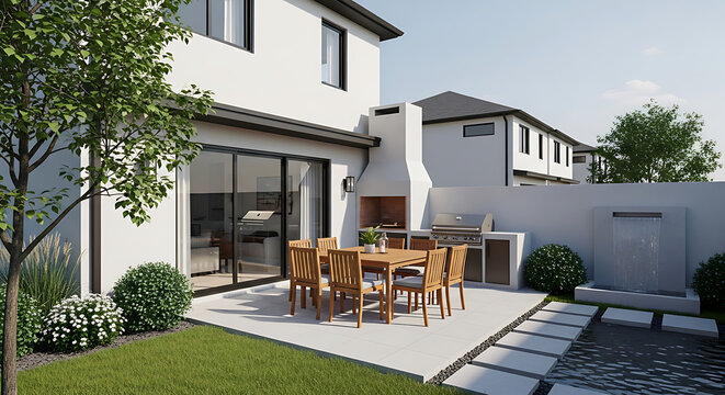 Modern backyard design featuring a sleek outdoor kitchen, patio dining set, water feature, and lush landscaping. Clean lines and contemporary aesthetic.