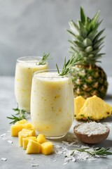 Tropical Pineapple Smoothies with Rosemary Garnish, Fresh Fruit, and Coconut on a Bright Grey Surface.