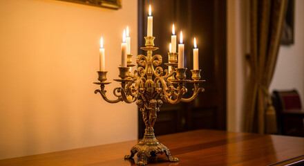 Ornate Gold Candelabra with Taper Candles on Polished Wooden Table
An opulent, low-light, interior shot showcasing a large, multi-armed antique gold or brass candelabra
