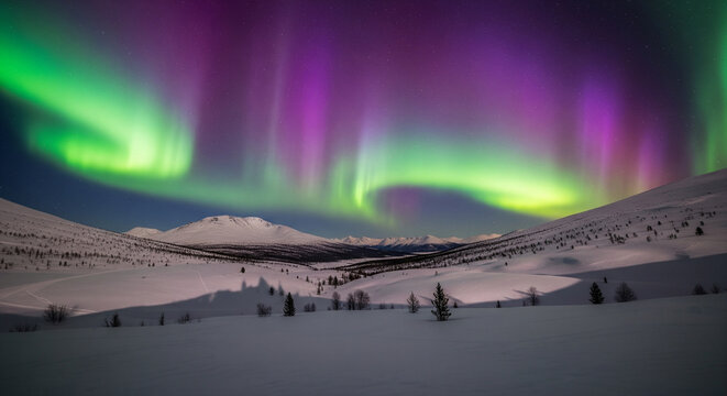 Vibrant Green and Purple Northern Lights Dancing Over Snowy Mountains
A breathtaking, wide-angle landscape photograph capturing a spectacular display of the Aurora Borealis (Northern Lights)
