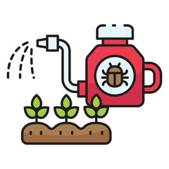 Watering can with bug symbol spraying three small plants in soil
