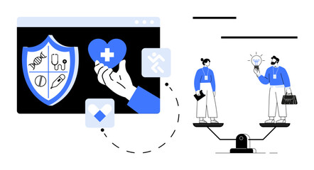Hand holding heart symbolizing care, medical shield on screen, figures balancing ideas and health tools. Ideal for healthcare, technology, decision-making, innovation, wellness, balance simple flat