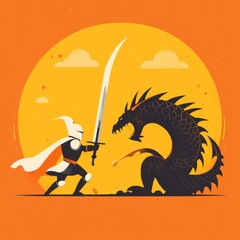 Brave Knight Facing Dark Dragon with Sword on Orange Background