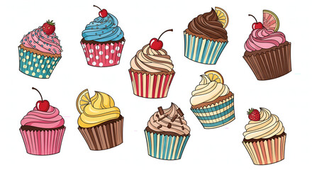 Colorful Handdrawn Delicious Cupcake Collection with Toppings and Wrapping Decoration