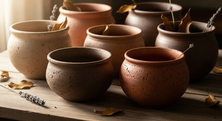 Rustic Earthenware Pots and Mugs on Wooden Surface in Soft Light

A cozy, rustic still life featuring a grouping of earthenware mugs and small pots with unglazed, matte finishes
