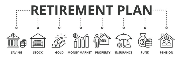 Retirement plan banner vector illustration concept with icons of saving, stock, gold, money market, property, insurance, fund and pension