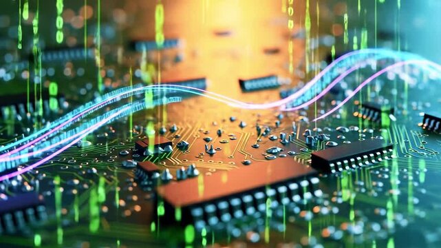Abstract close-up of a circuit board with glowing elements and digital data streams, showcasing technology - Powered by Adobe