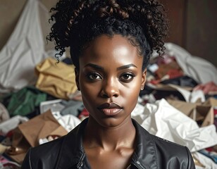 Intense gaze of a woman amidst chaos