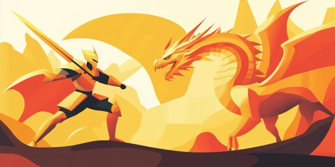 Brave Knight Facing Fiery Dragon in Graphic Battle Scene