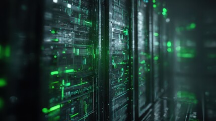 Glowing Green Data Center Server Racks - Abstract Technology Background.