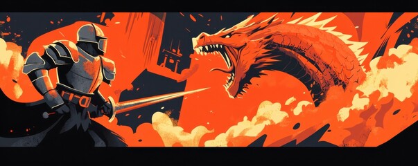 Brave Knight Facing Fiery Red Dragon with Sword in Fantasy Landscape