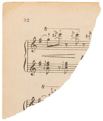 Torn corner of faded music sheet, old vintage ripped paper scrap with notes isolated for design